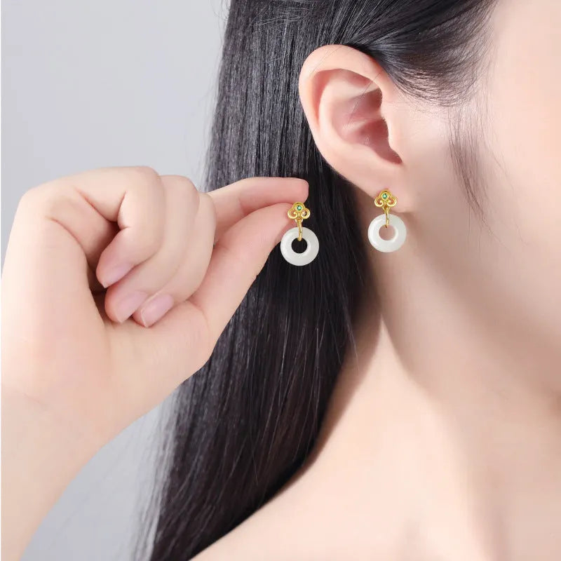 Chinese Ruyi safety buckle earrings in S925 sterling silver with natural Hetian jade, geometric national fashion style