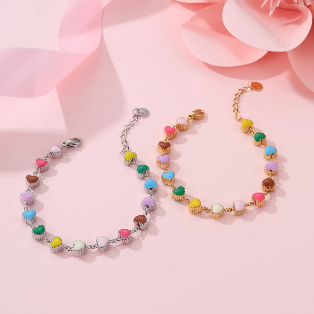 Women's titanium steel bracelet with love heart charm and colourful oil necklace pendant in gold and steel finishes