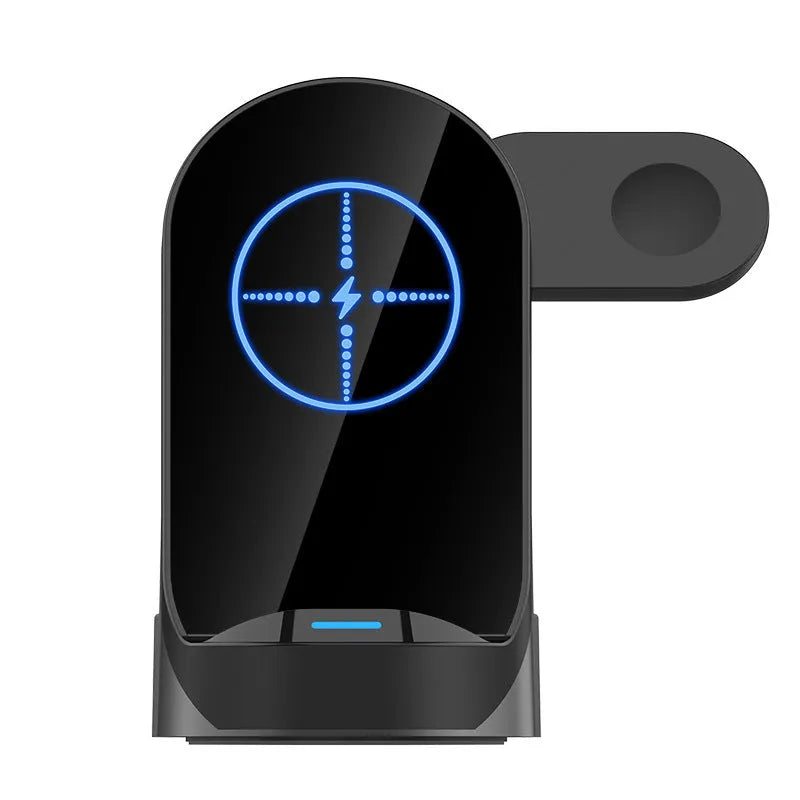 Black grey foldable 3-in-1 wireless charger vertical stand showing phone, watch and headphone charging