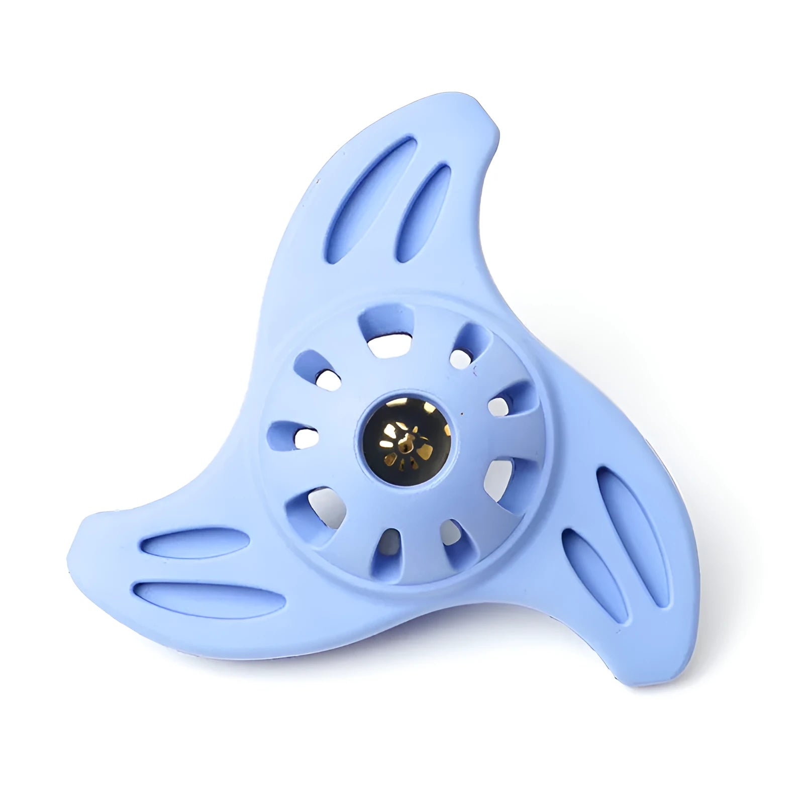 Blue boomerang molar shaped dog chew toy with raised dental cleaning edges