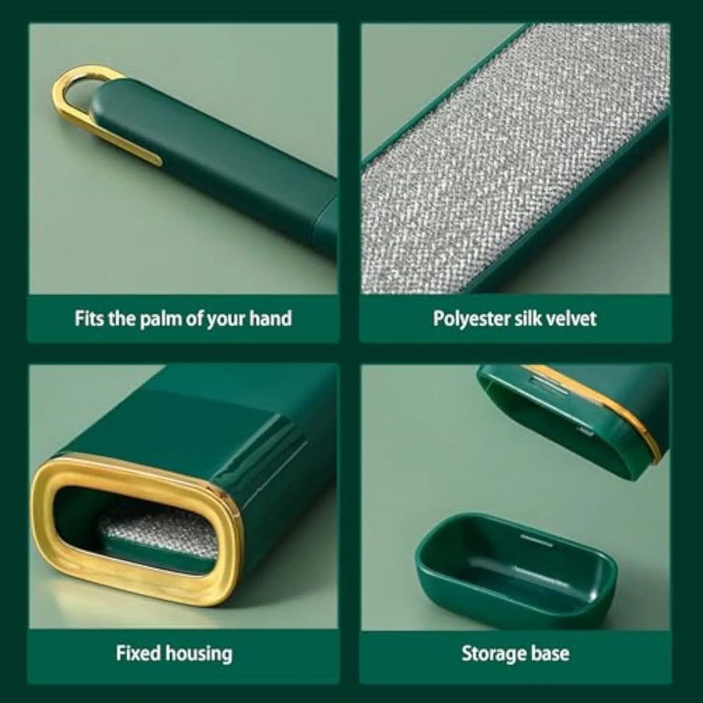 Double-sided reusable pet hair remover brush with storage box in blue, green or white.