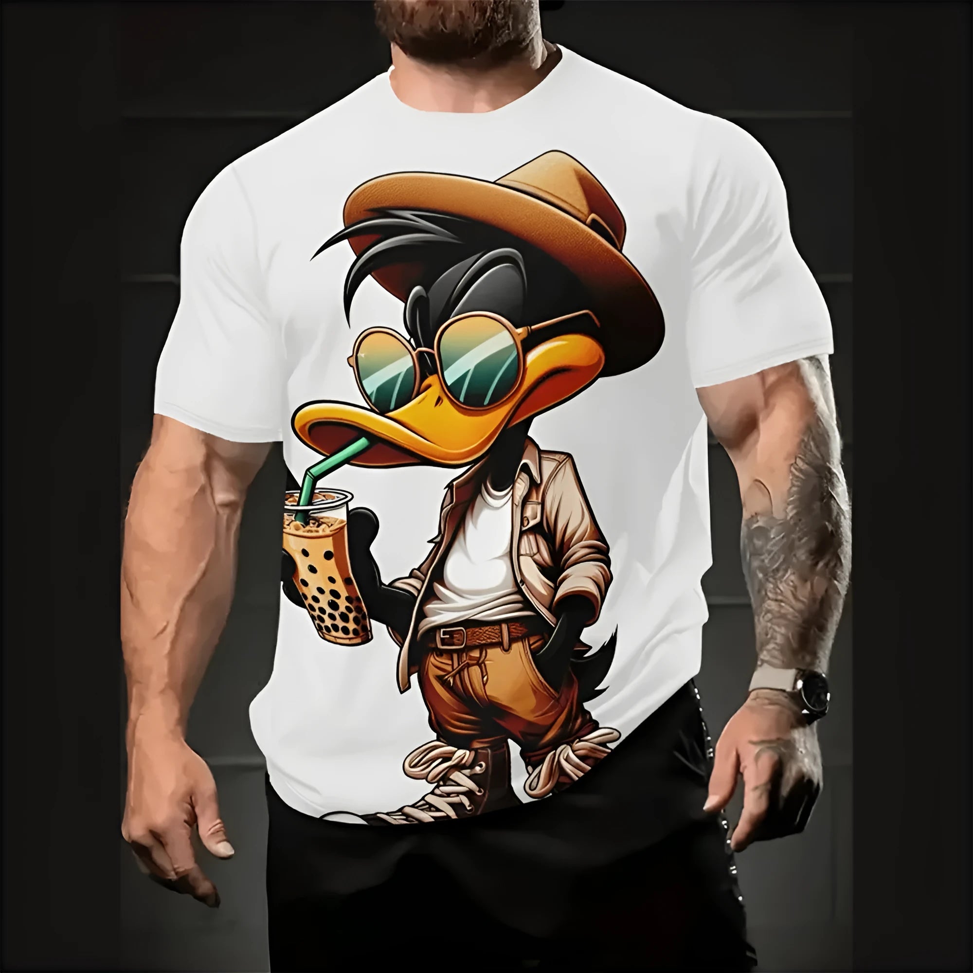 Men's loose fit cartoon printed short sleeve T-shirt in milk silk linen fabric for summer