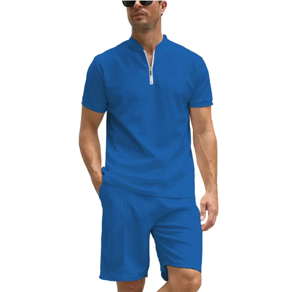 Men's solid colour polo shirt two-piece suit set in beaded bird's eye polyester fabric