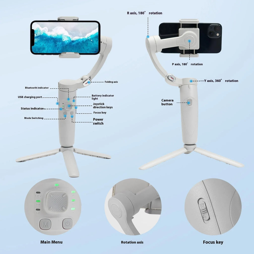 M01 handheld tripod phone stabiliser with three-axis gimbal and ABS body on surface