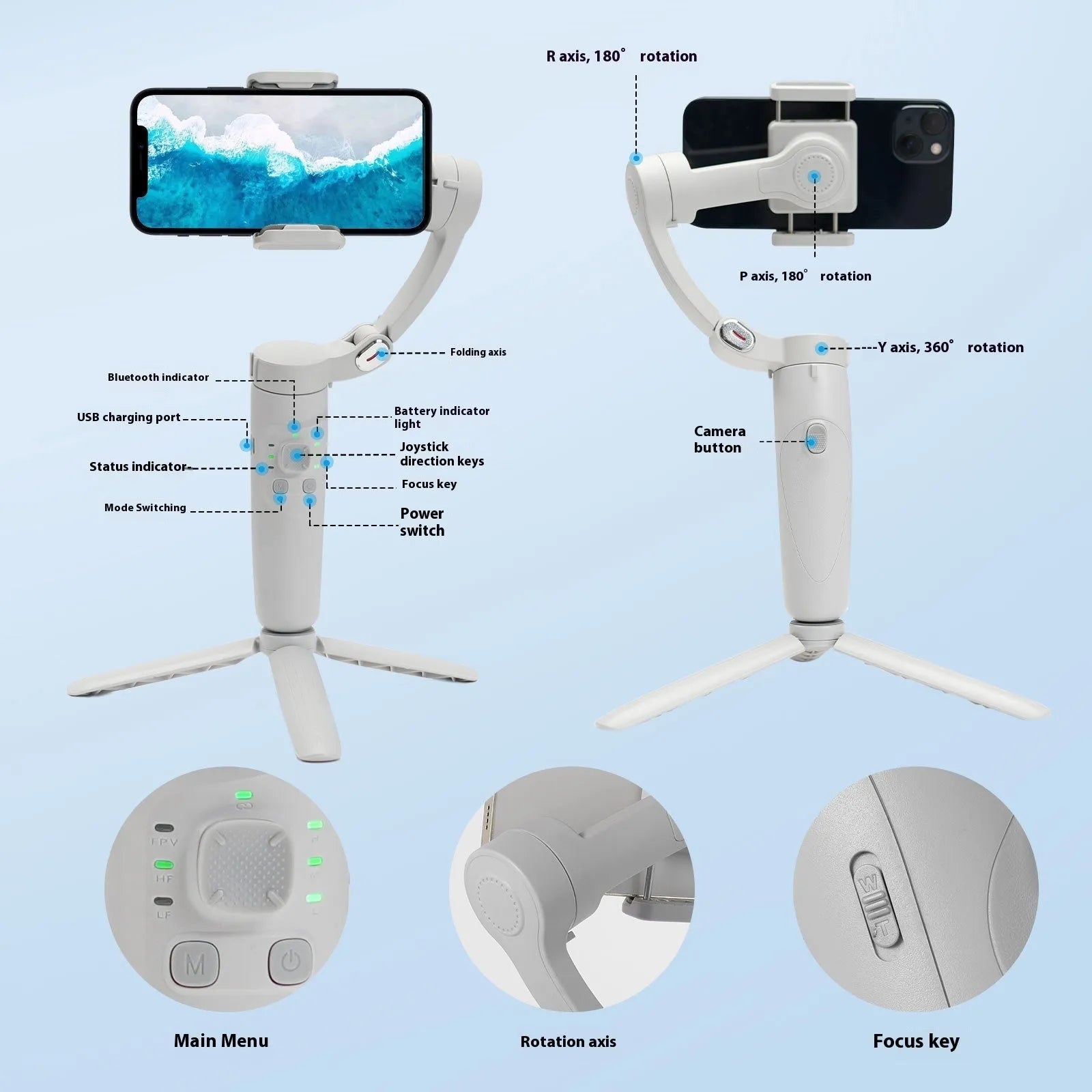 M01 handheld tripod phone stabiliser with three-axis gimbal and ABS body on surface