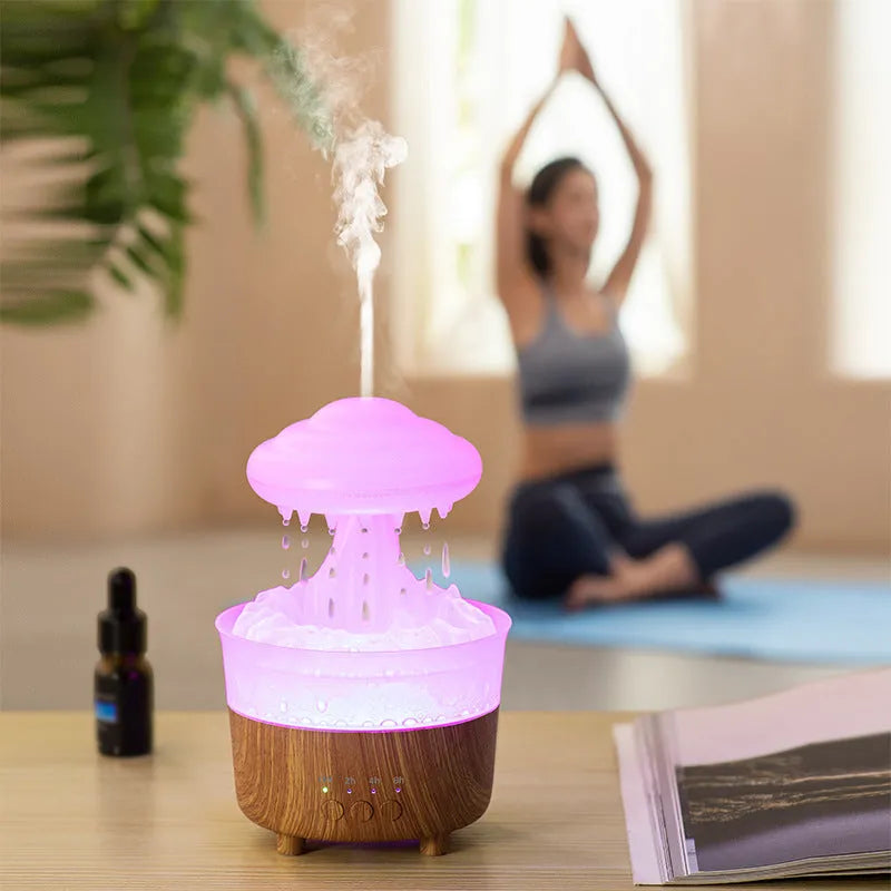 Wood grain cloud humidifier with LED lights emitting mist and water drops