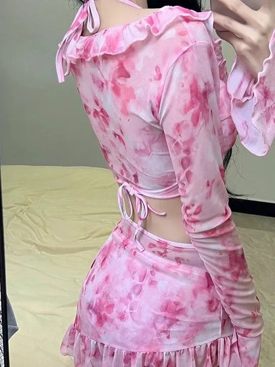 Women's cherry blossom pink floral bikini set for beach and hot spring use