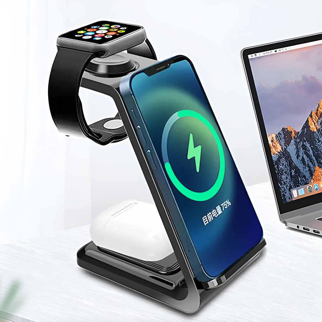 White 3-in-1 wireless charger phone stand with upright design and dual coil charging surface