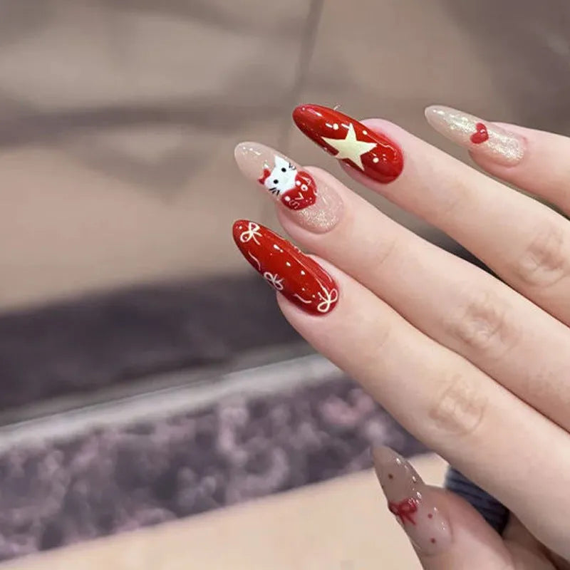 Set of colourful artificial false nails with glitter designs for DIY manicures.