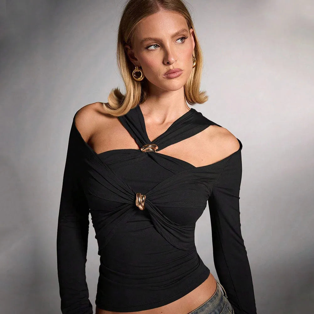Black women's halter top with long sleeves and a slim fit silhouette.