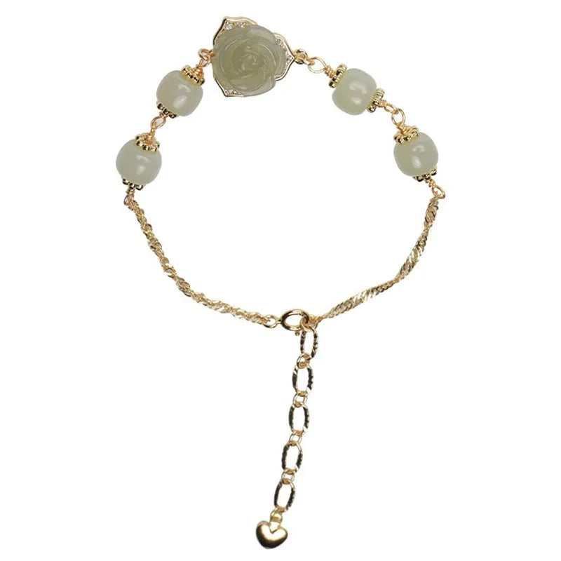 Hetian jade rose colour women's bracelet with 14K gilded accents and floral design