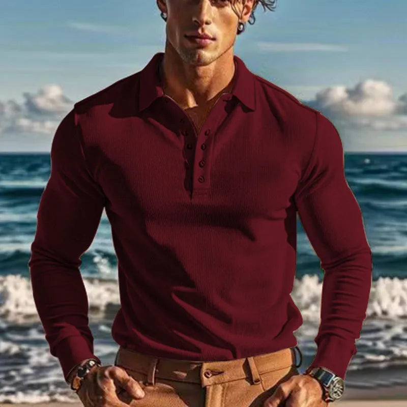 American men's waffle polo collar button long sleeve slim-fit T-shirt in solid colour white on model