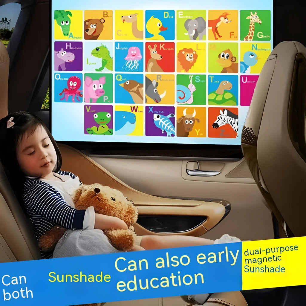 Automatic retractable car sunshade with magnetic mount showing cartoon anime pattern design