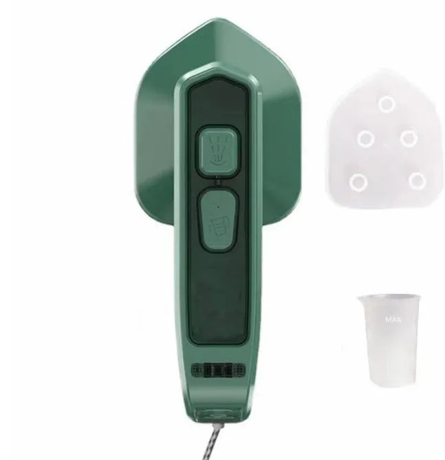 Dark green portable handheld hanging steam ironing machine with ceramic panel and power cord.
