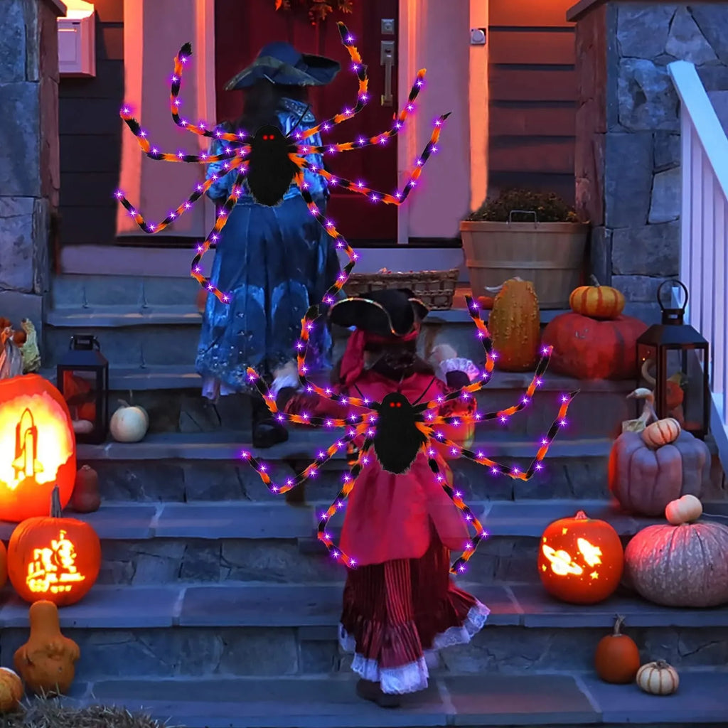 Halloween spider plush backpack with LED lights in orange purple colour, showing glow effect and backpack straps