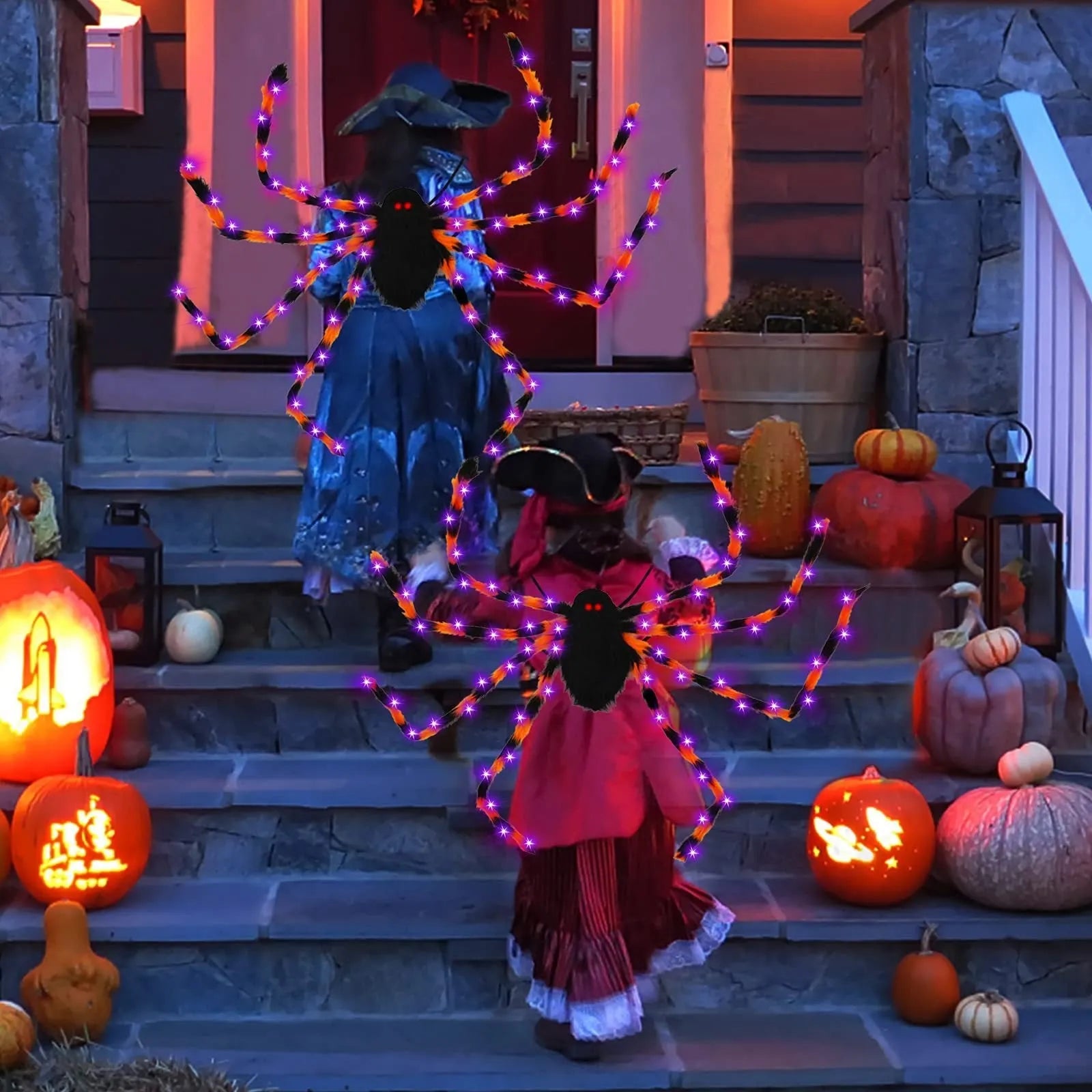 Halloween spider plush backpack with LED lights in orange purple colour, showing glow effect and backpack straps