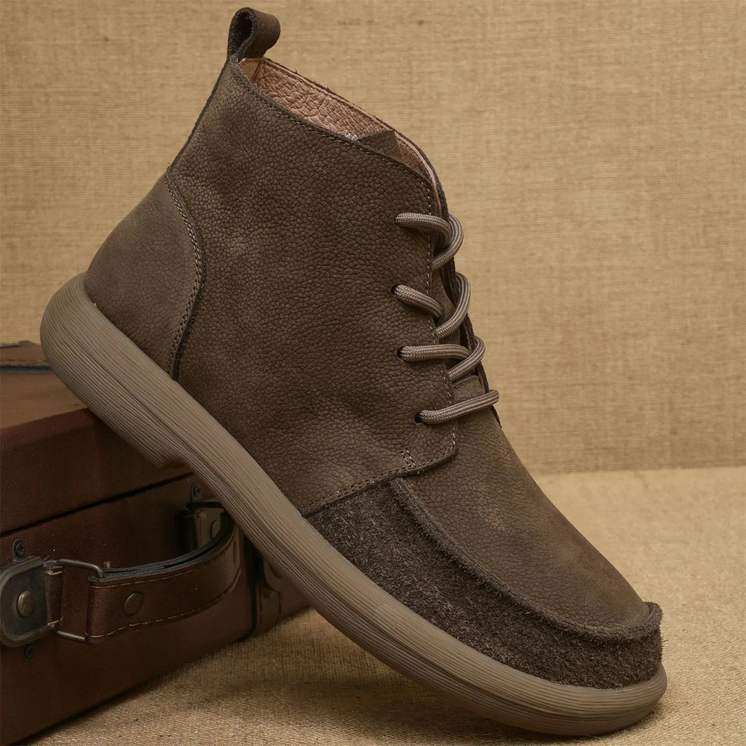 Grey retro leather Martin boots with wedge heel and lace-up front