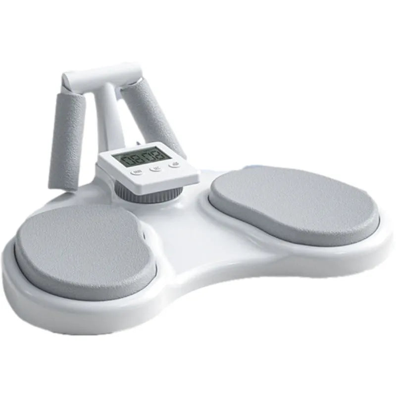 Multifunctional plank training aid in black with timing display on a smooth floor surface
