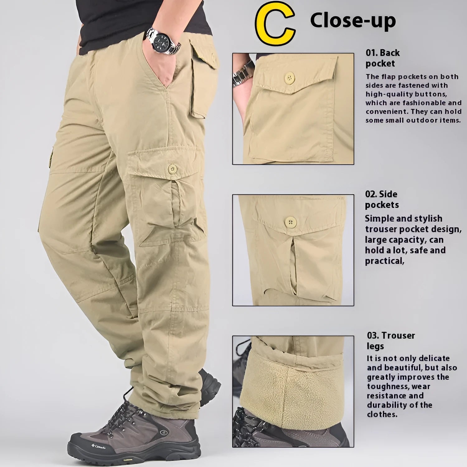 Men's thick cotton overalls with velvet wool lining in khaki colour, showing loose straight-leg fit.