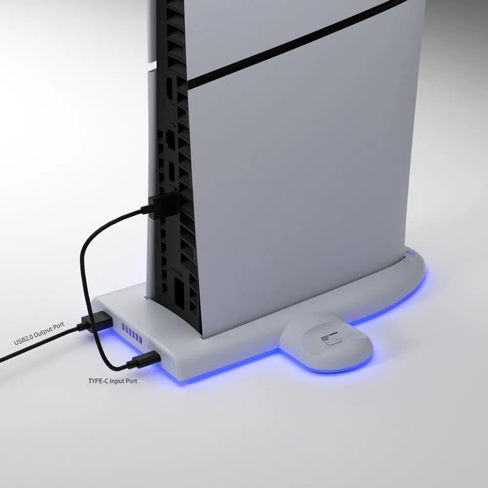White PS5 Slim cooling pad with RGB lights and charging belt