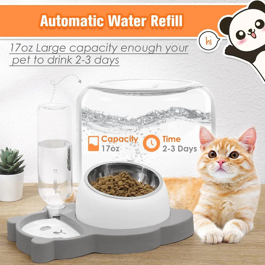 Grey panda-shaped pet feeder with automatic water bottle and tilted stainless steel bowls