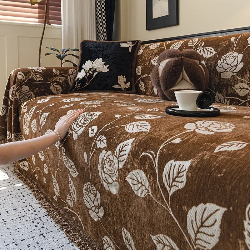 Retro floral chenille sofa cover in beige draped over a sofa, 180cm width, with fabric texture visible