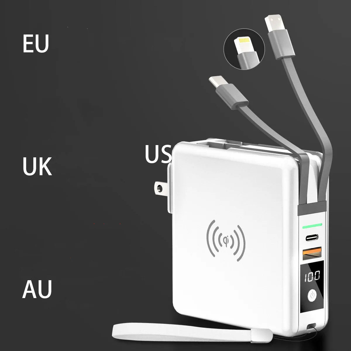 Black and white 10000mAh power bank with QI wireless charging and a set of international plug adapters