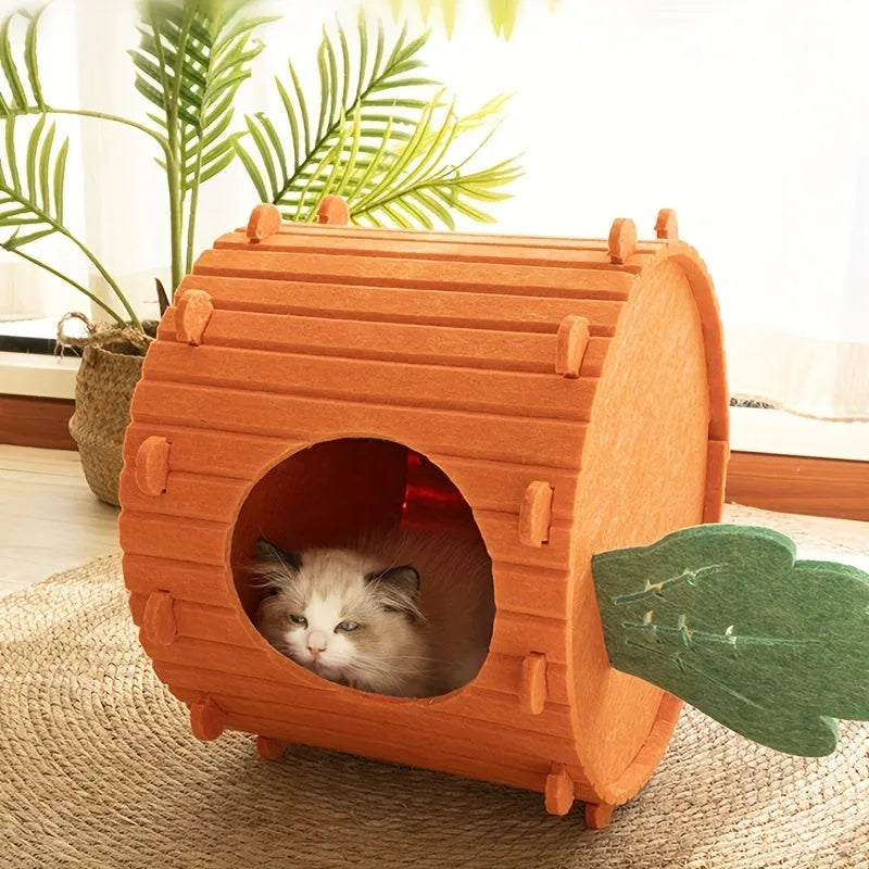 Orange carrot-shaped felt cat nest tunnel with a semi-enclosed design and drilled openings.
