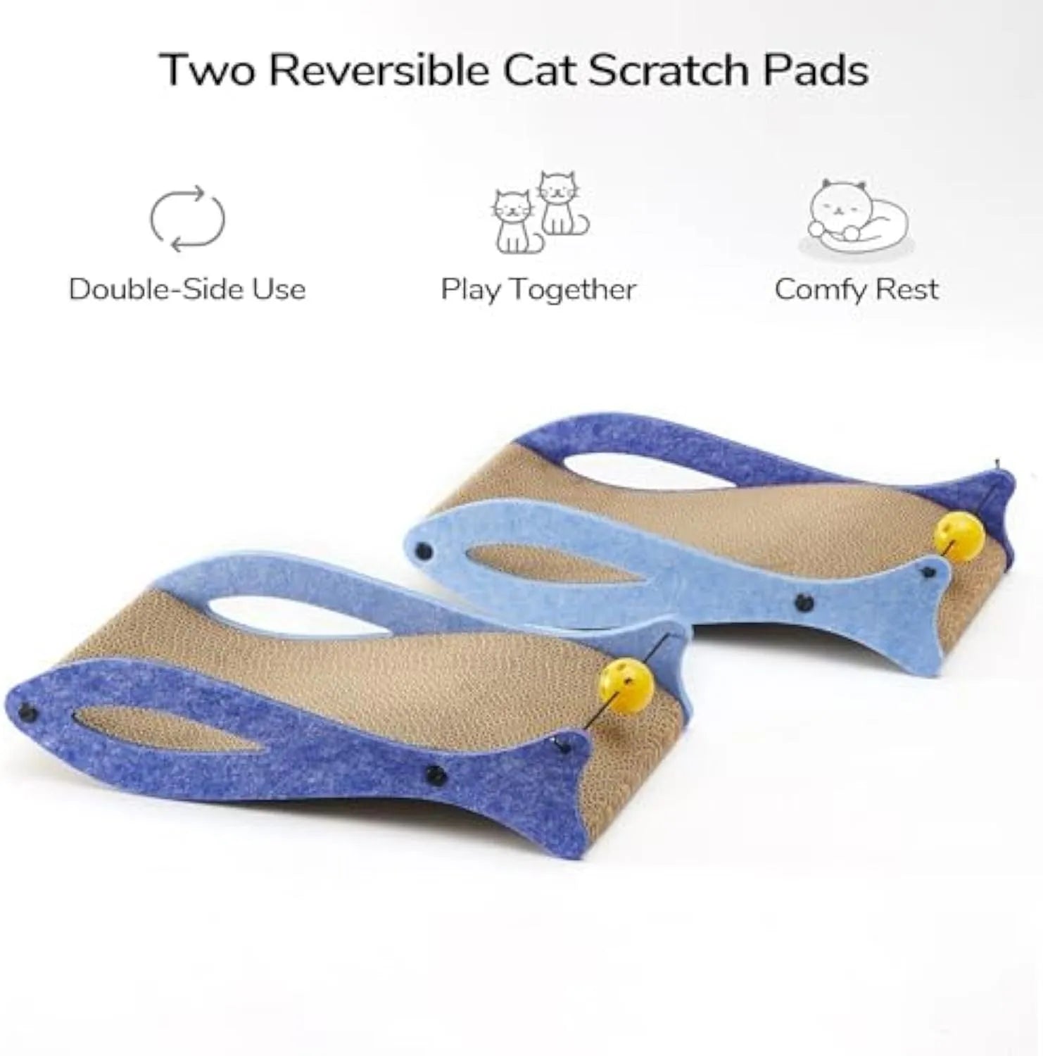 Blue fish-shaped cat scratcher with wavy lounge design and hanging bell ball toy for indoor feline enrichment