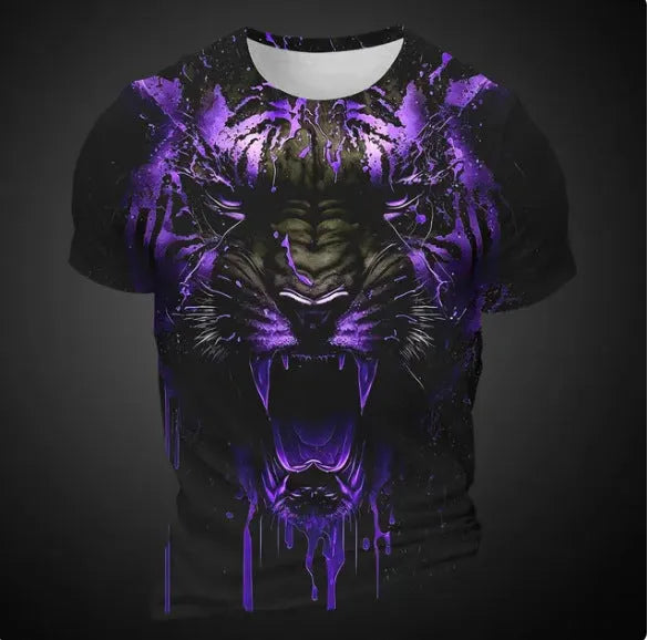 Men's 3D tiger pattern T-shirt in polyester with short sleeves showing digital printing detail
