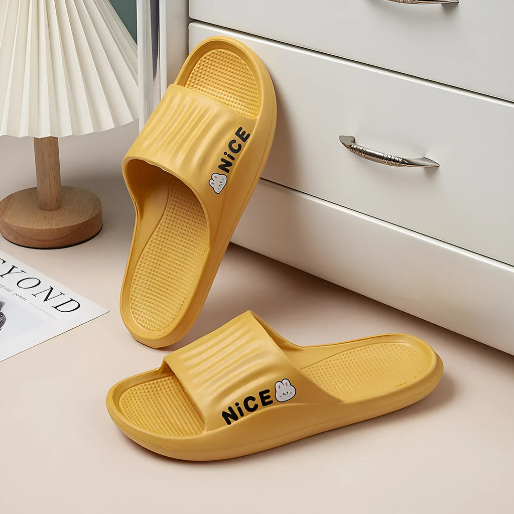 Minimalist cartoon pattern EVA flip flop slippers for household wear, shown in multiple colours.