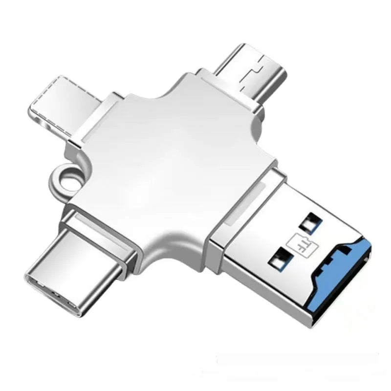 Silver zinc alloy multi-functional card reader with USB 2.0 and Lightning Type-C Micro USB interfaces