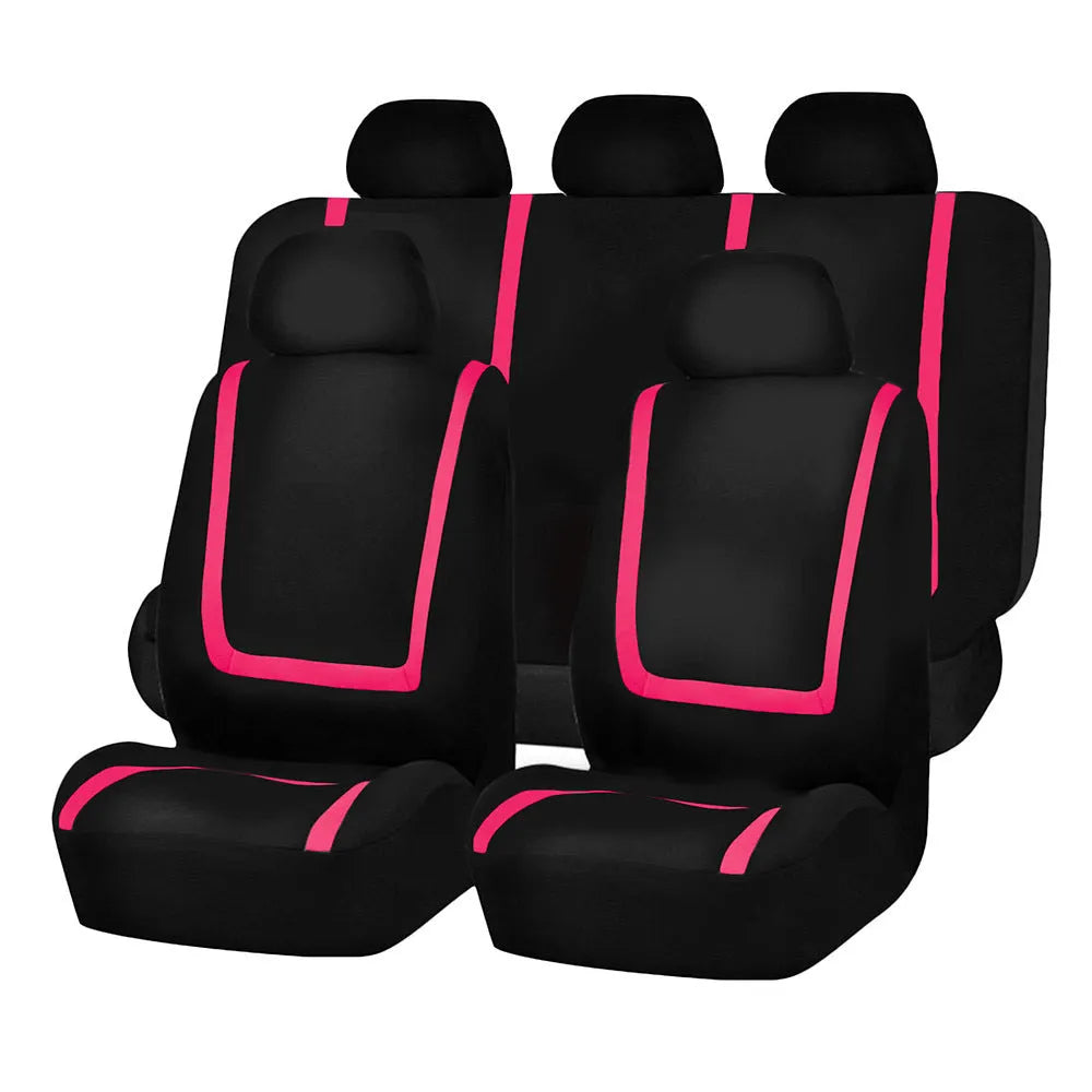 Universal fabric car seat cover set showing headrest and seat panels in a two-tone colour option