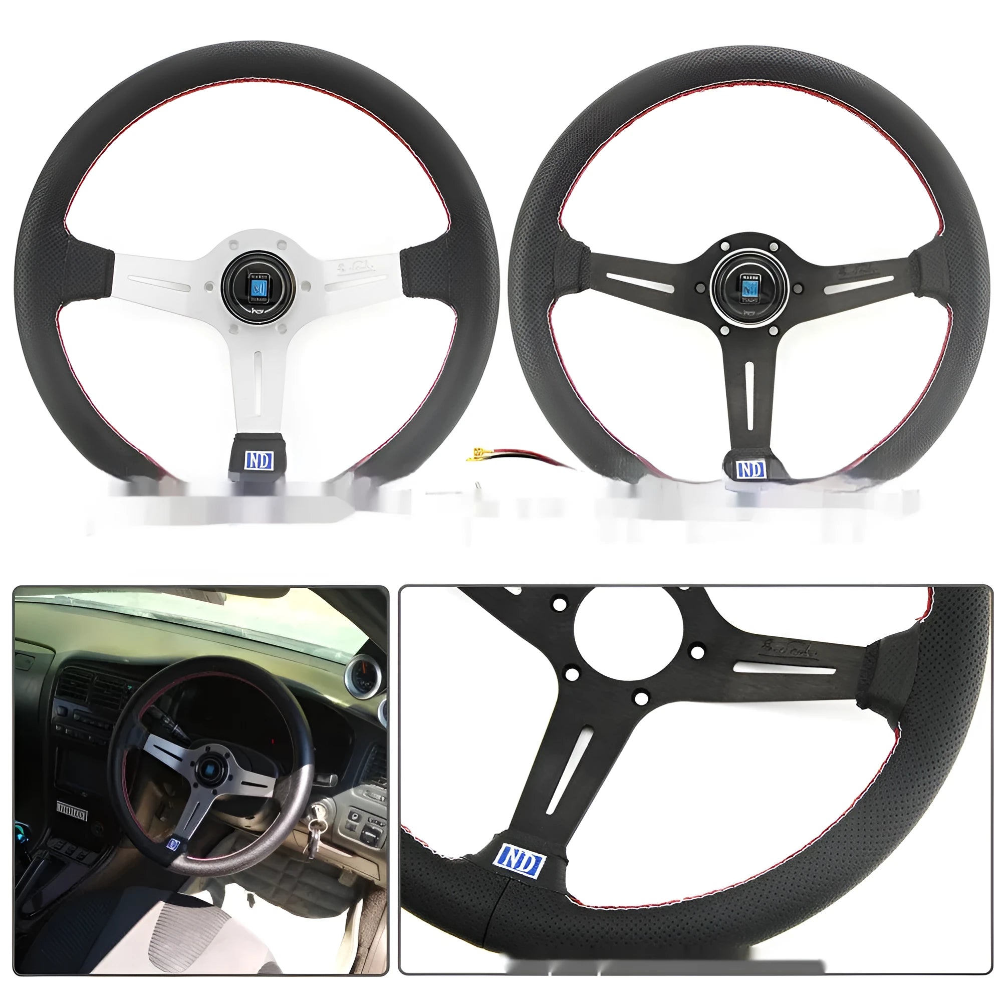 Leather 14-inch car steering wheel with a middle concave design, showing black and silver skeleton frame options.