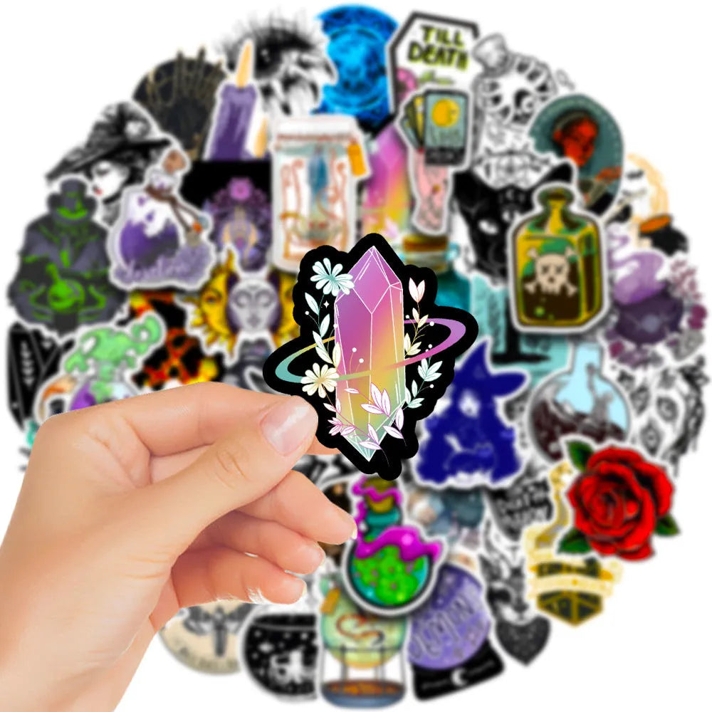 Assorted colourful waterproof PVC stickers for laptops and smooth surfaces, sizes 3 to 8 cm.