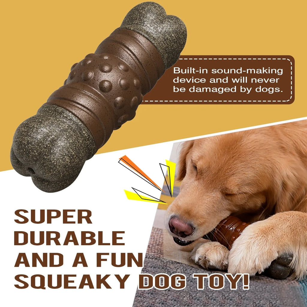 Wood colour plastic dog toothbrush toy with sounding bone design and textured molar rod surface