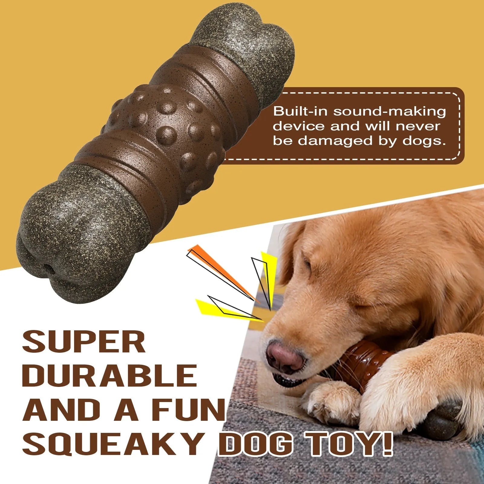 Wood colour plastic dog toothbrush toy with sounding bone design and textured molar rod surface