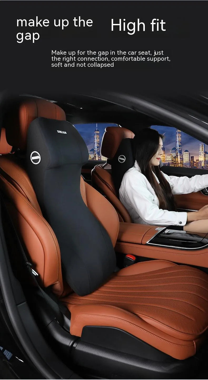 Automotive memory foam cushion with integrated headrest and lumbar support in multiple colour options