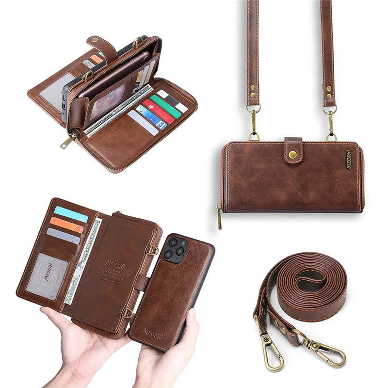 Detachable wallet style phone case with leather flip cover in black, blue, brown, or red colours