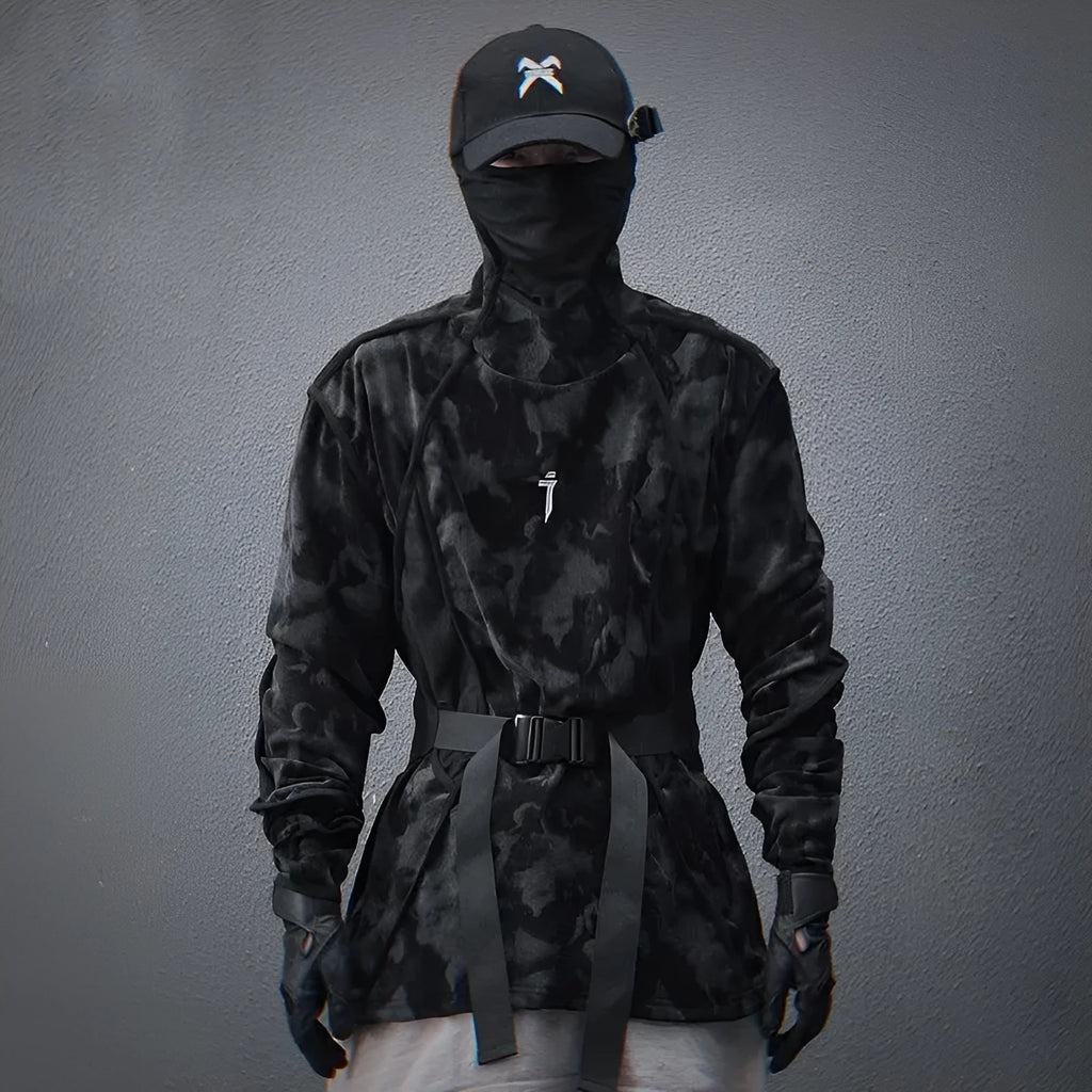 Men's black and grey tie dye printed turtleneck pullover sweater with long sleeves and loose fit.