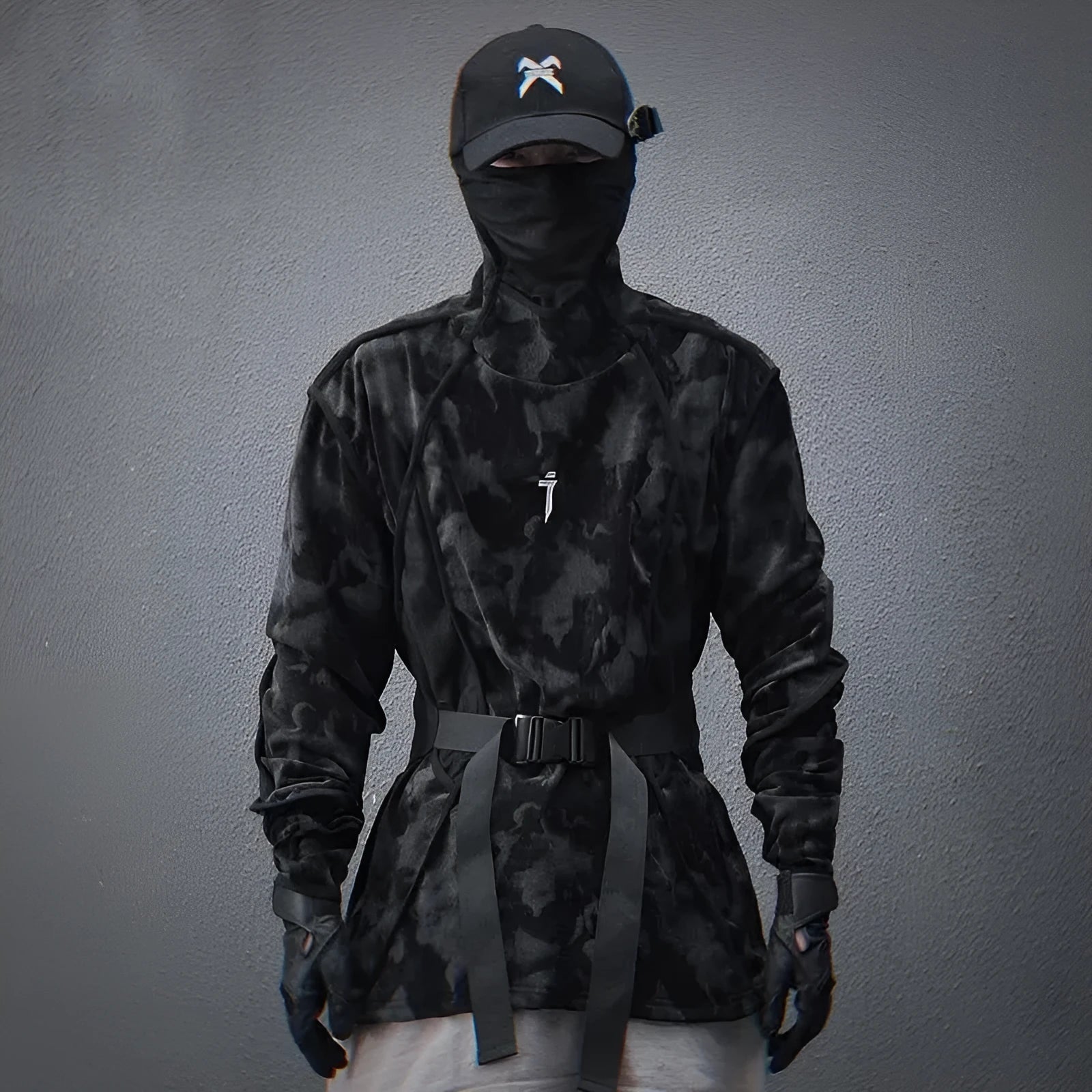 Men's black and grey tie dye printed turtleneck pullover sweater with long sleeves and loose fit.