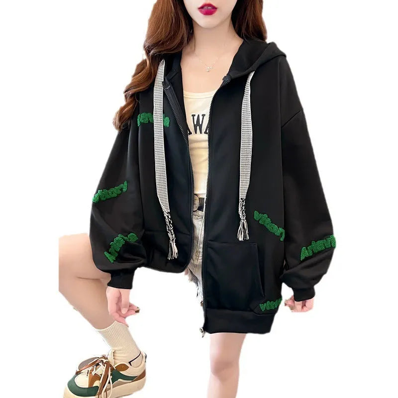 Loose large letter hooded cardigan coat for women in apricot with black lettering, long sleeves, and relaxed fit