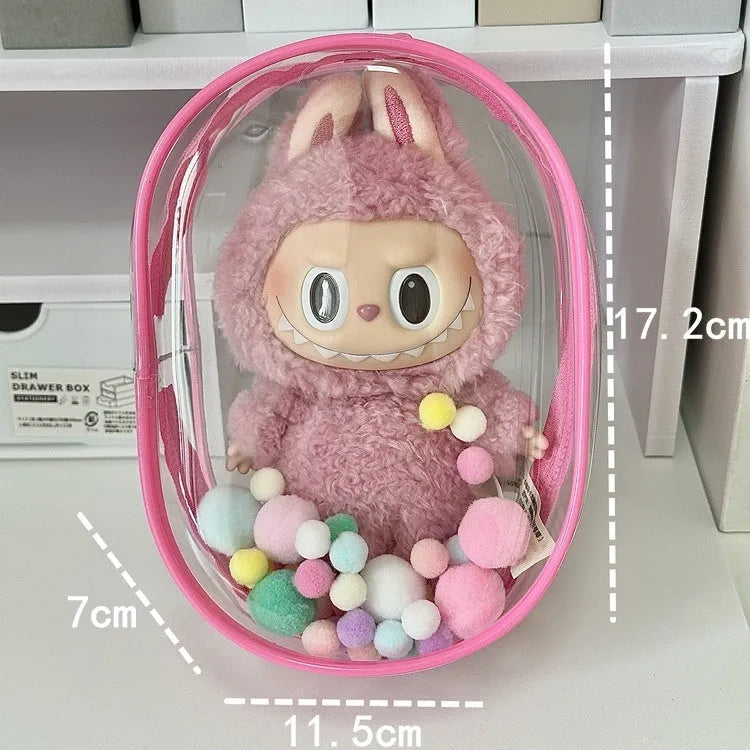 Transparent PVC cube storage bag for cotton dolls with backpack handle in multiple colour options