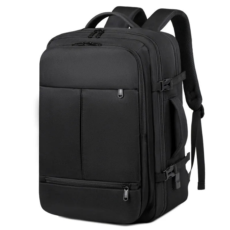 Waterproof Oxford cloth backpack in colour options showing multiple pockets and zippers, sized for a 15.6 inch laptop.