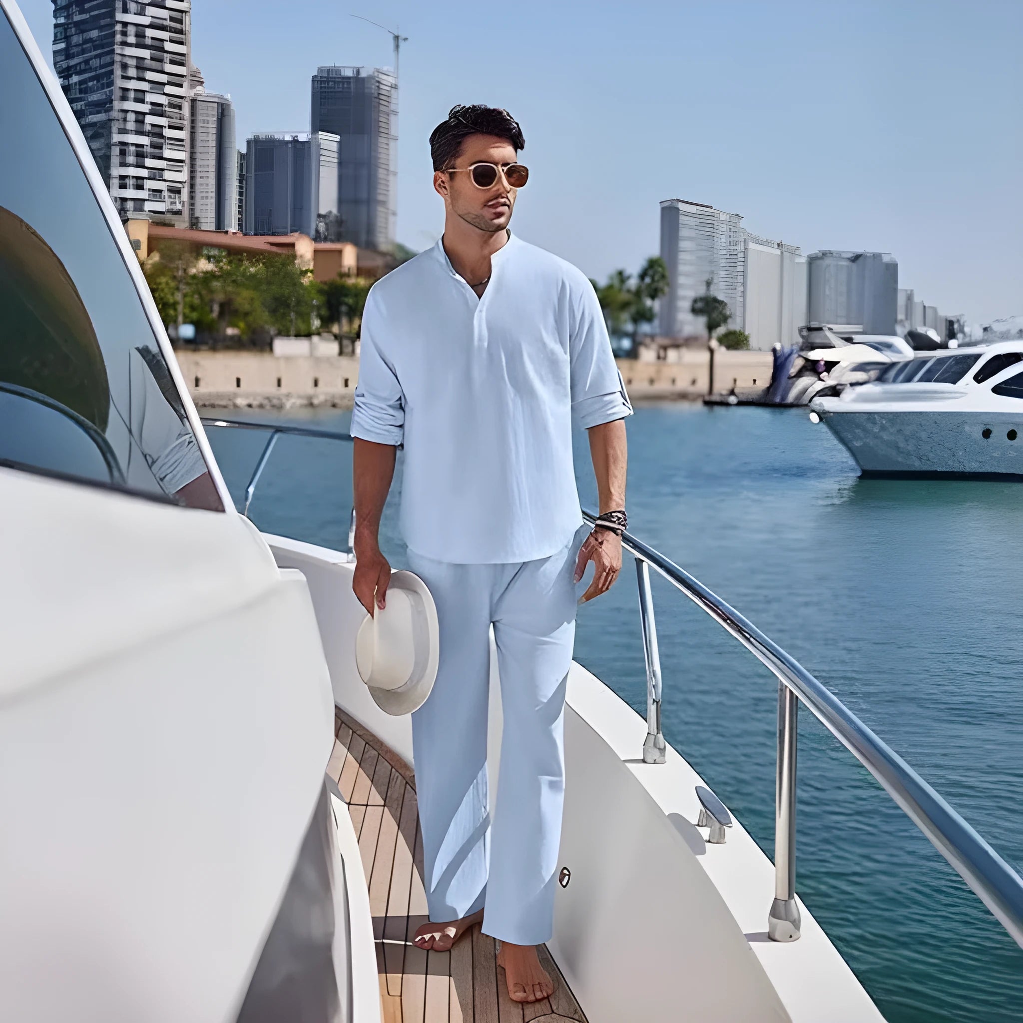 Men's solid colour cotton casual suit with long sleeves and trousers on a hanger.