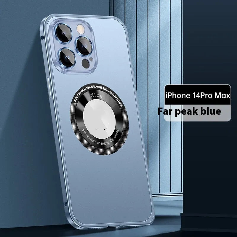 Metal phone case with spring fastener and frosted finish in black for iPhone 14