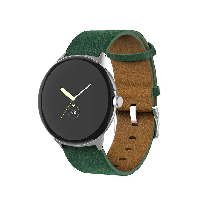 Genuine leather watch strap for Google Pixel Watch in black colour, flat interface design
