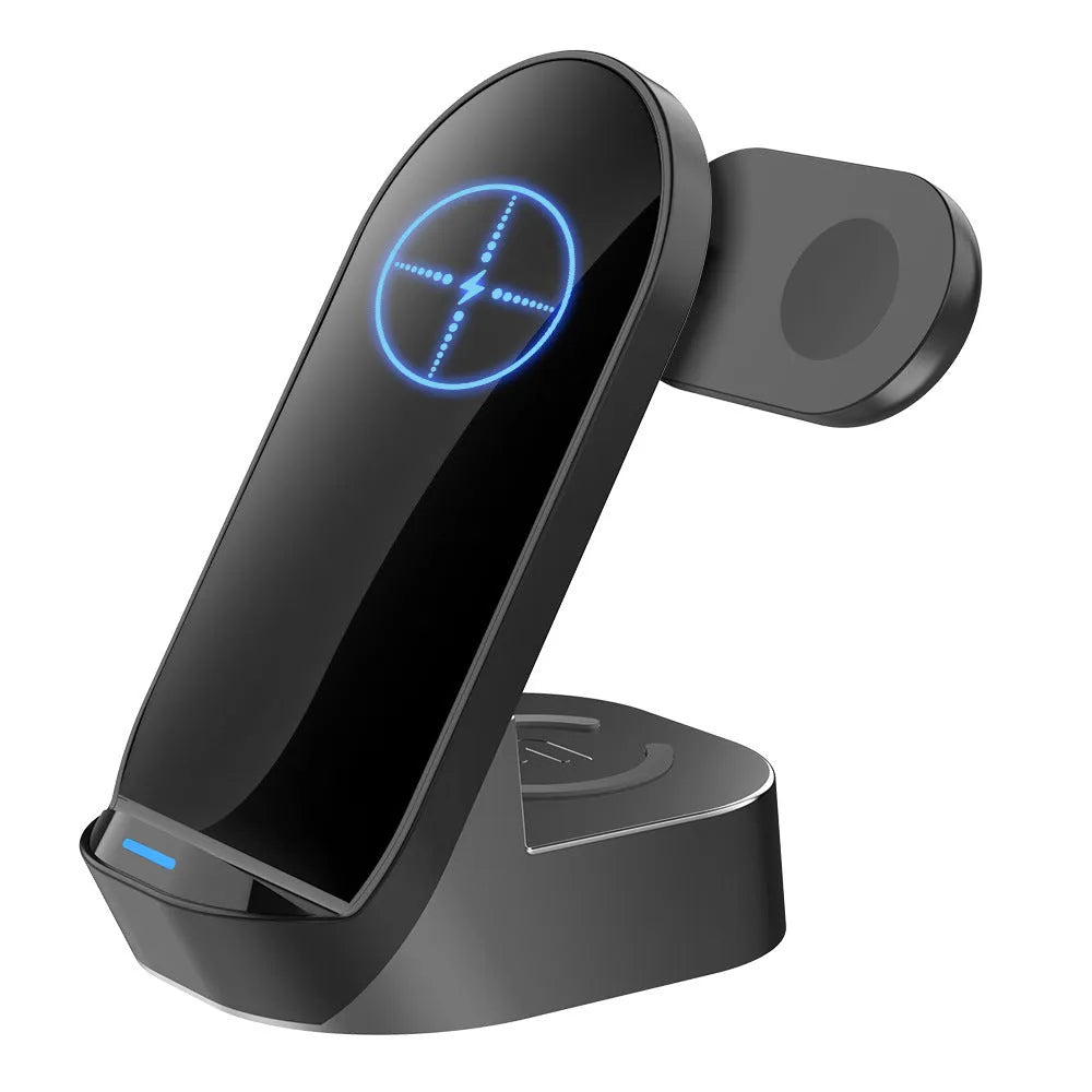 Black grey foldable 3-in-1 wireless charger vertical stand showing phone, watch and headphone charging