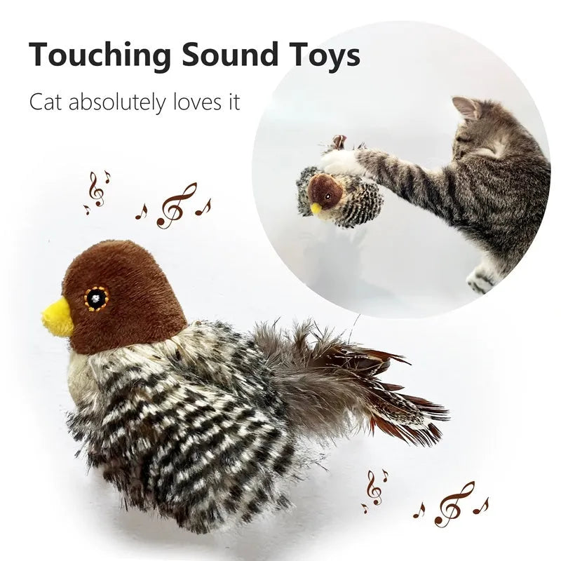 Interactive cat toy electric squeaky simulation bird plush with feather and chirping sound