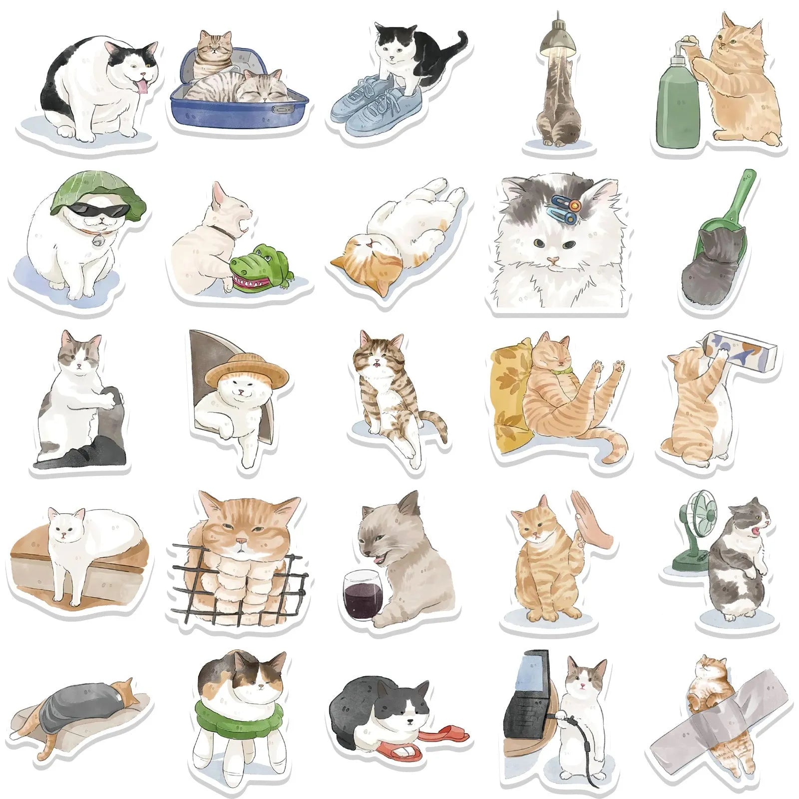 53 cartoon watercolour cute cat stickers for computer luggage guitar mobile phone decor, multicolour mixed pack